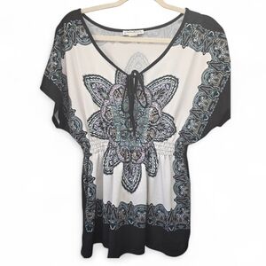 Claudia Richards Y2K White Black Paisley V-Neck Tunic Large Boho Flowy Elastic